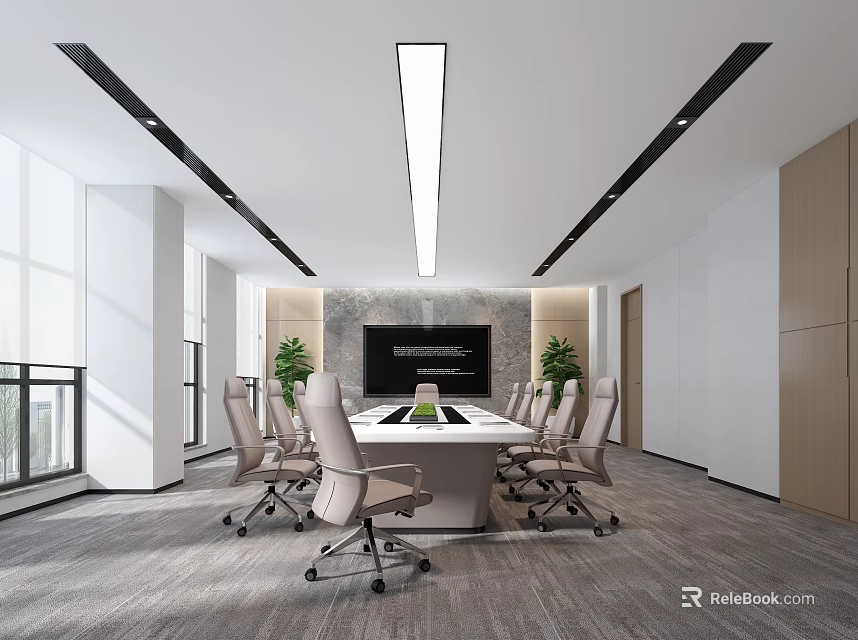 Spacious Modern Conference Room Interior With Long Table Ergonomic Chairs And Large Windows 3d model 
