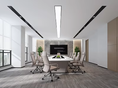 Spacious Modern Conference Room Interior With Long Table Ergonomic Chairs And Large Windows 3d model