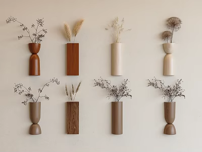 Minimalist Wall Decor With Various Shaped Vases Holding Dried Flowers On Beige Wall 3d model