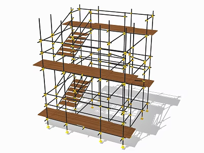 Multi Level Construction Scaffolding With Wooden Planks And Metal Frames 3d model