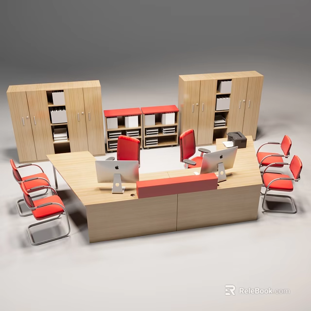 Modern Office Desk Setup With Wooden Cabinets Red Chairs And Computer Monitors 3d model 