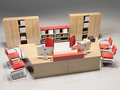 Modern Office Desk Setup With Wooden Cabinets Red Chairs And Computer Monitors 3d model