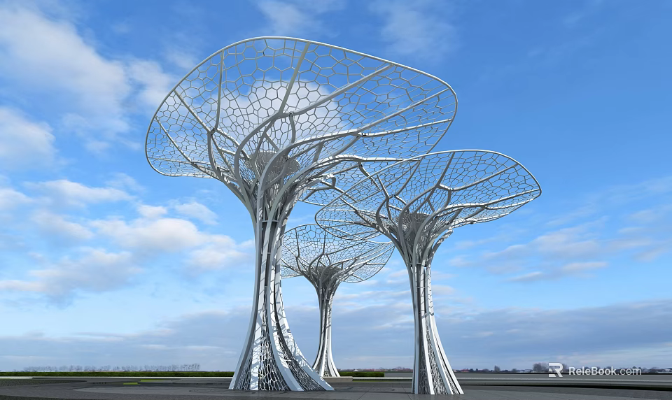 Modern Architectural Metal Tree Structures With Lattice Canopy And Silver Trunks 3d model 