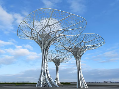 Modern Architectural Metal Tree Structures With Lattice Canopy And Silver Trunks 3d model