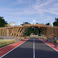 Scenic Traditional Chinese Wooden Memorial Archway With Trees Road And Fields