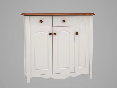 White Shoe Cabinet With Wooden Top Drawers And Round Knob Doors 3d model