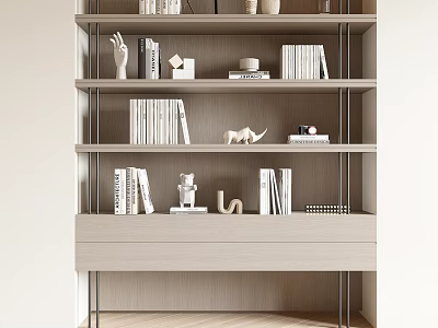 Modern Light Wooden Shelving Unit With Multiple Layers Books And Decorative Figurines 3d model