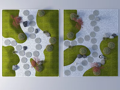 Garden Landscape Design With Green Grass Stone Path Small Shrubs And Stones 3d model