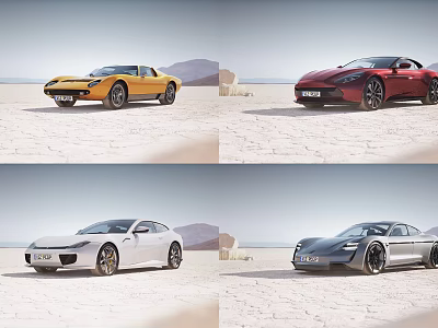 Colorful Sports Cars Parked On Sandy Beach With Mountain Background 3d model