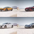Colorful Sports Cars Parked On Sandy Beach With Mountain Background