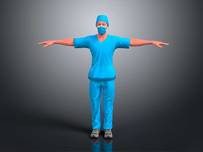 Game Or Movie Character In Blue Scrubs With Cap Mask Arms Outstretched Against Dark Background 3d model