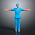 Game Or Movie Character In Blue Scrubs With Cap Mask Arms Outstretched Against Dark Background