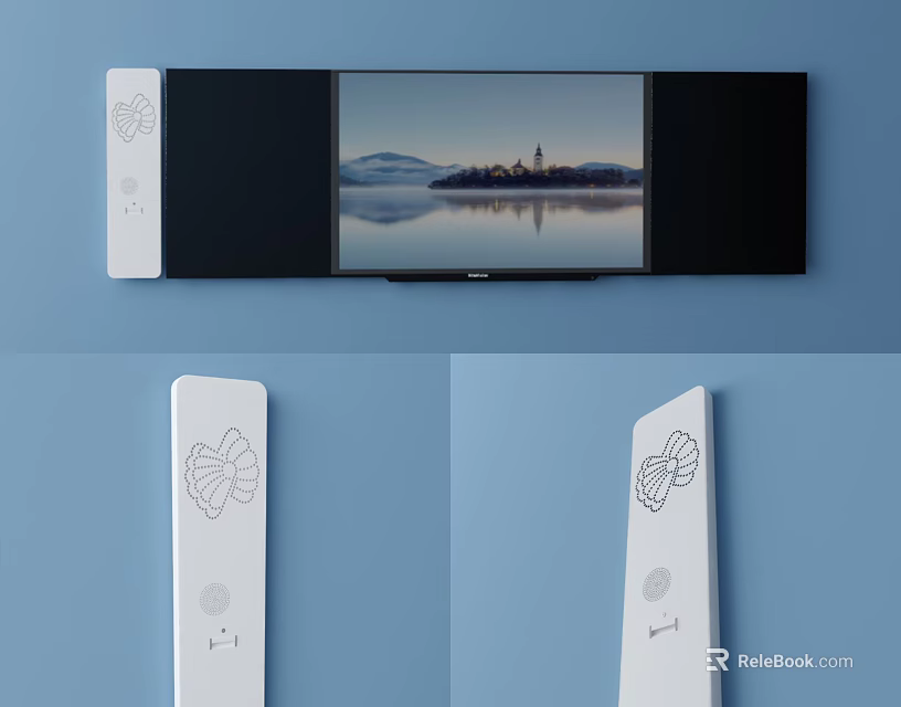 Modern Wall Mounted TV Displaying Scenic Landscape With Side Speaker Panels 3d model 