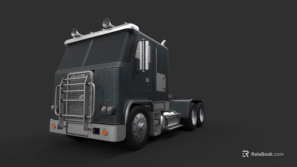 Dark Heavy Duty Semi Truck With Silver Roof Metal Grille And Large Wheels 3d model 