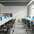 Modern Computer Classroom Interior With Arranged Desks Chairs Windows And Ceiling 3d model