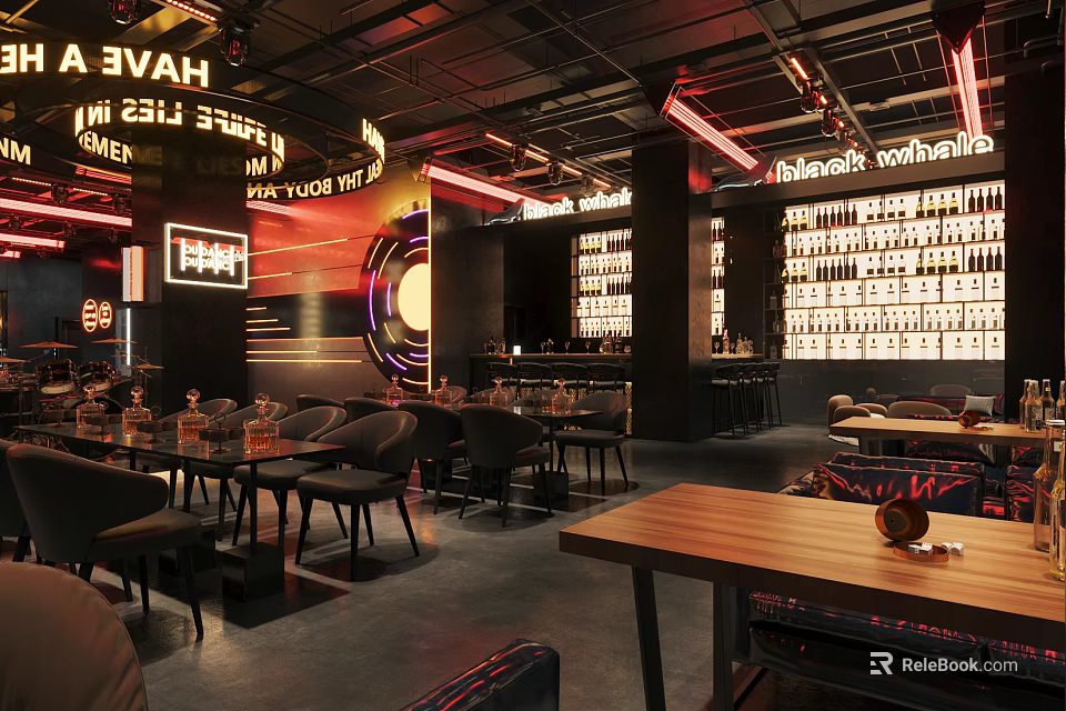 Modern Bar Interior With Neon Lights Wine Racks And Tables Chairs 3d model 