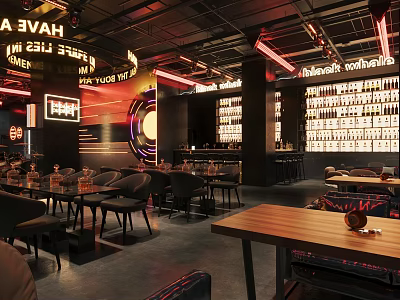 Modern Bar Interior With Neon Lights Wine Racks And Tables Chairs 3d model