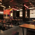 Modern Bar Interior With Neon Lights Wine Racks And Tables Chairs