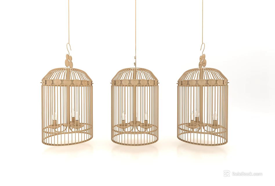 Three Birdcage Shaped Chandeliers With Decorative Candle Like Lights And Rustic Natural Design 3d model 