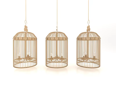 Three Birdcage Shaped Chandeliers With Decorative Candle Like Lights And Rustic Natural Design 3d model