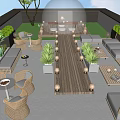 Rooftop Garden With Wooden Walkway Outdoor Wicker Furniture Green Plants And Sunset View