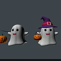 Cute Halloween Ghost Decorations With Witch Hat And Pumpkin Lanterns 3d model