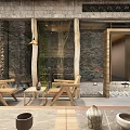 Chinese Style Hotel Lobby With Arched Doorway Stone Walls Green Plants Steps Sofa And Chandelier
