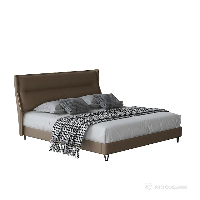 Modern Leather Double Bed With Brown Headboard Pillows And Checkered Blanket 3d model