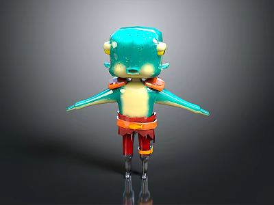 Cartoon Character With Blue Body Yellow Ears Red Pants Black Legs And Outstretched Arms 3d model