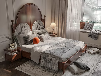 Double Bed in Modern Bedroom with Wooden Headboard Patterned Bedspread Pillows and Nightstand Lamp 3d model