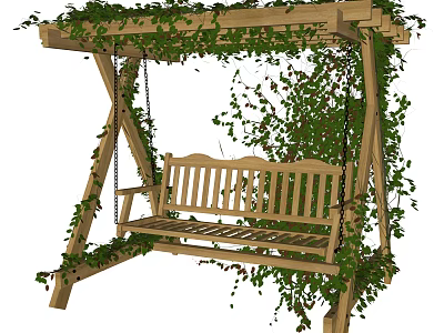 Wooden Swing Bench With Pergola Frame Covered In Ivy Vines Outdoor Space 3d model