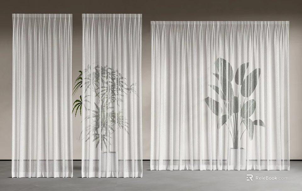 White Curtains With Three Different Plant Patterns In Lightweight Natural Design 3d model 