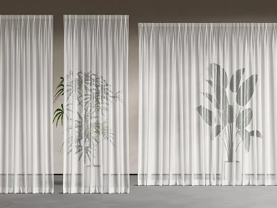 White Curtains With Three Different Plant Patterns In Lightweight Natural Design 3d model
