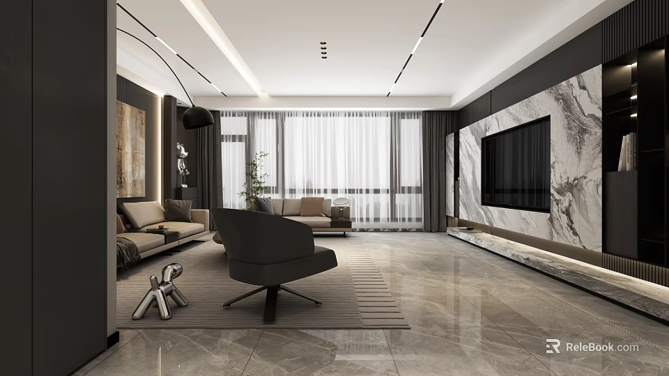 Modern Minimalist Luxury Living Room Interior With Marble TV Wall And Comfortable Sofa Sets 3d model 