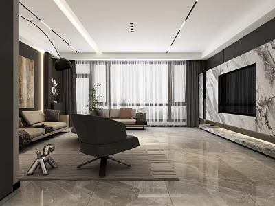 Modern Minimalist Luxury Living Room Interior With Marble TV Wall And Comfortable Sofa Sets 3d model