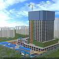 Construction Site Featuring Tall Building Under Construction With Crane And Surrounding Green Spaces 3d model