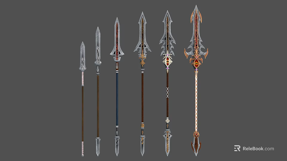 Row Of Different Designed Polearms With Ornate Details And Decorative Handles 3d model 