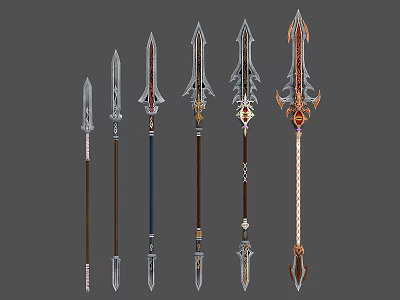 Row Of Different Designed Polearms With Ornate Details And Decorative Handles 3d model