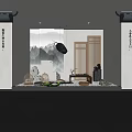 Traditional Chinese Window Display With Ink Mountain Painting Bamboo Screen Tea Sets And Green Plants