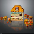 Wooden Fruit Stand with Orange Roof Awning and Baskets of Fresh Apples Oranges