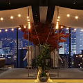 Rooftop Bar With City Skyline Night View String Lights Outdoor Seating And Plants