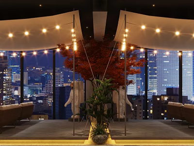Rooftop Bar With City Skyline Night View String Lights Outdoor Seating And Plants 3d model