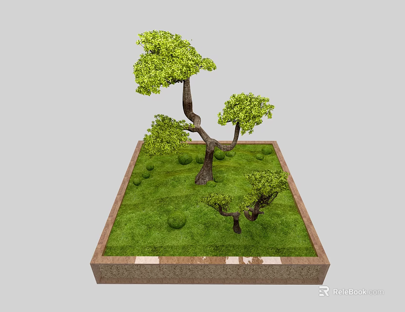 Arbor with Green Leaves in Square Planter Landscape with Grass and Small Shrubs 3d model 