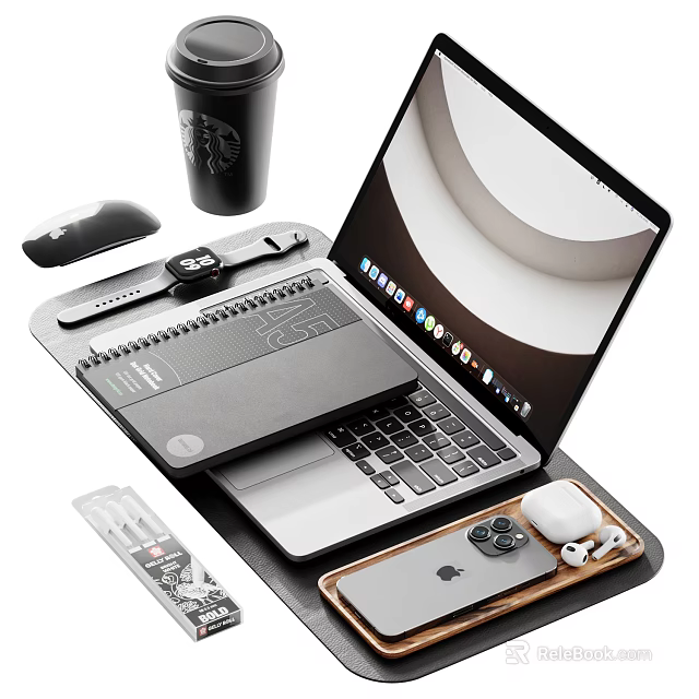 Modern Laptop Workspace Setup With Notebook Mouse Smartwatch Phone Wireless Earbuds And Coffee Cup 3d model 