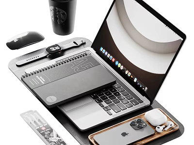 Modern Laptop Workspace Setup With Notebook Mouse Smartwatch Phone Wireless Earbuds And Coffee Cup 3d model