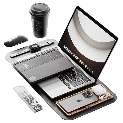 Modern Laptop Workspace Setup With Notebook Mouse Smartwatch Phone Wireless Earbuds And Coffee Cup 3d model