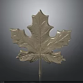 Golden Metallic Maple Leaf With Intricate Vein Texture And Slender Stem Against Dark Background