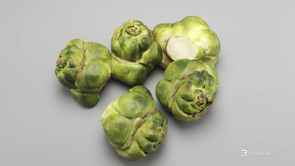 Close Up View of Fresh Green Brussels Sprouts Whole Raw Vegetables On Gray Background 3d model 