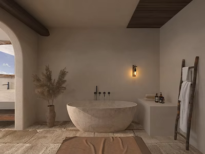 Cozy Neutral Wabi Sabi Bathroom With Freestanding Stone Bathtub And Natural Rustic Interior Details 3d model