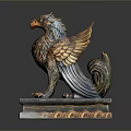 Mythical Winged Creature Sculpture Featuring Eagle Head Golden Orange Wing Feathers Lion Body Marble Base